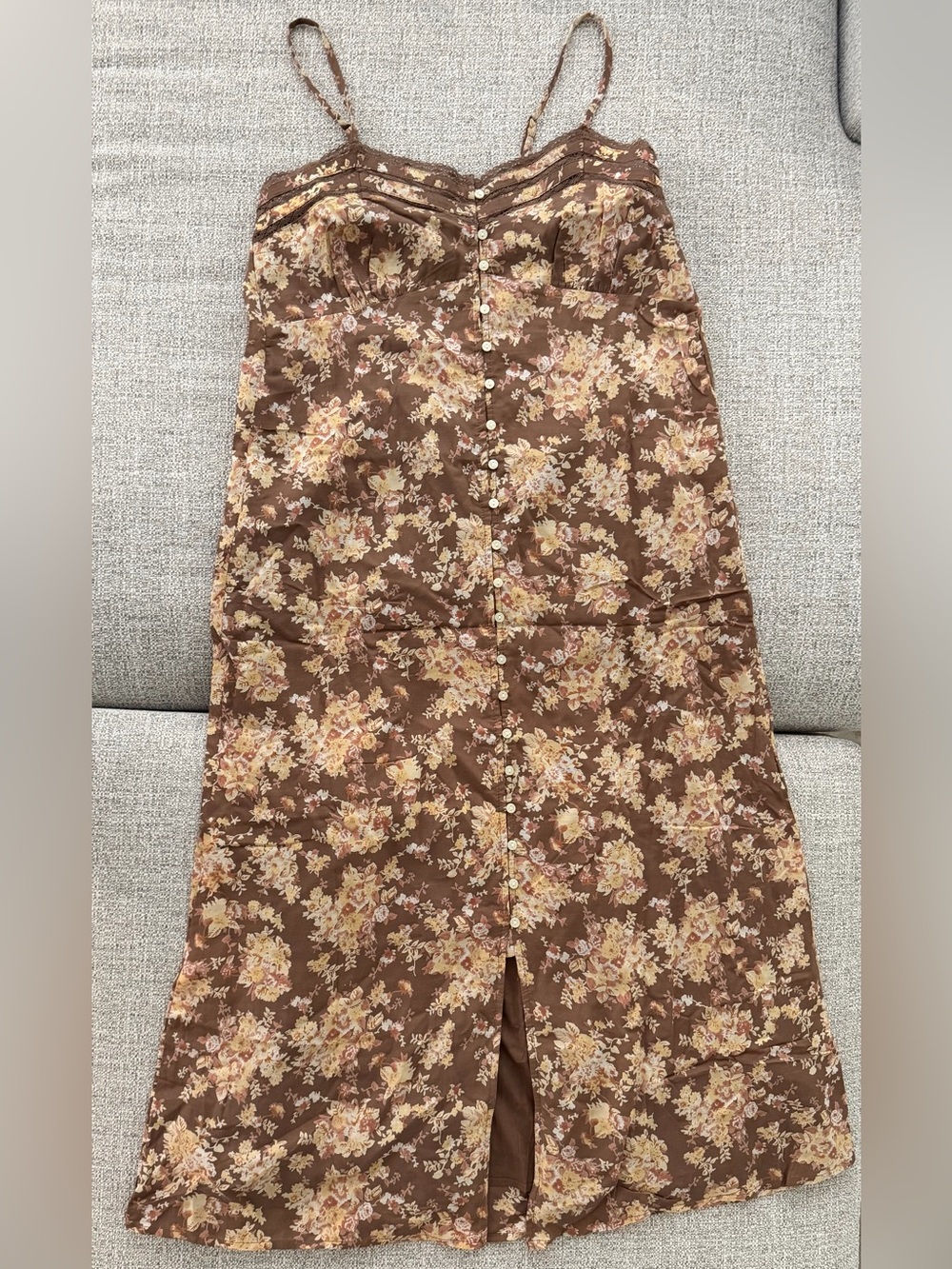Lucky Brand Brown Floral Lace Trimmed Slip Midi Dress with Cream Print - Picture 8 of 16